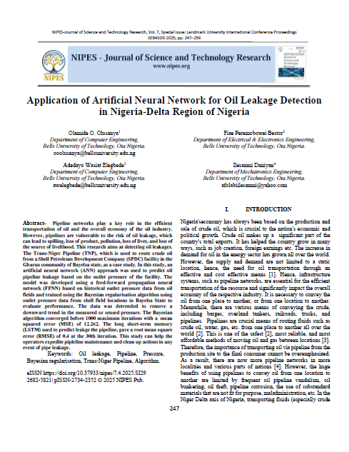 Application of Artificial Neural Network for Oil Leakage Detection in Nigeria-Delta Region of Nigeria